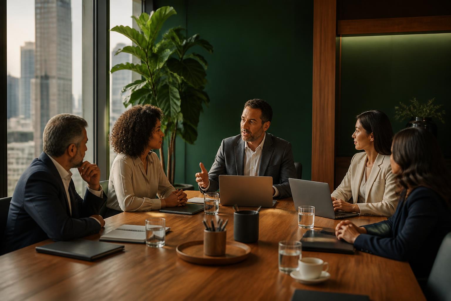 Reunião estratégica em ambiente corporativo brasileiro